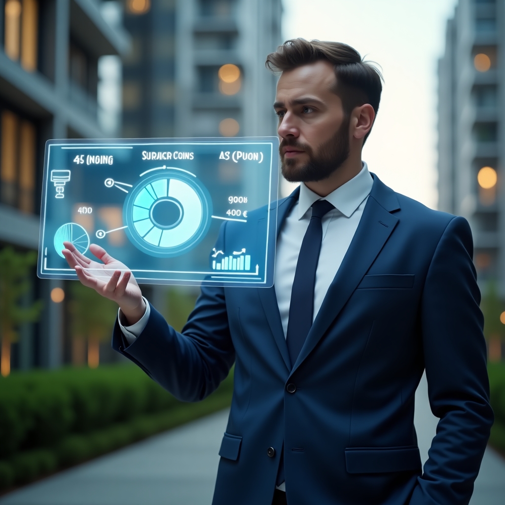 (Ultra-realistic condominium manager in a navy blue tailored suit, set in a modern luxury condominium environment with high-rise buildings and green landscaping, medium shot of them confidently analyzing a floating holographic expense chart and pointing at a glowing budget pie graph, with stylized dollar and coin icons orbiting the display, cinematic lighting, shallow depth of field, highly detailed textures, realistic skin, photographic realism, 8k resolution --ar 1:1 --v 6)