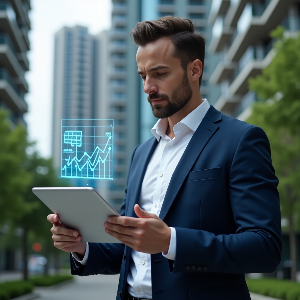 (Ultra-realistic property manager in a navy-blue suit, set in a modern luxury condominium environment with high-rise buildings and green landscaping, examining a holographic expense chart showing a downward trend while holding a tablet, holographic solar panel and leaf icons floating beside them, confident and thoughtful expression, cinematic lighting, shallow depth of field, highly detailed textures, realistic skin, photographic realism, 8k resolution --ar 1:1 --v 6)