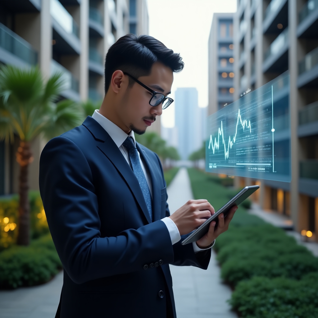 Ultra-realistic condominium manager in a navy blue tailored suit, set in a modern luxury condominium environment with high-rise buildings and green landscaping, standing and analyzing a transparent holographic financial chart projected from a tablet, confident and focused expression, cinematic lighting, shallow depth of field, highly detailed textures, realistic skin, photographic realism, 8k resolution --ar 1:1 --v 6