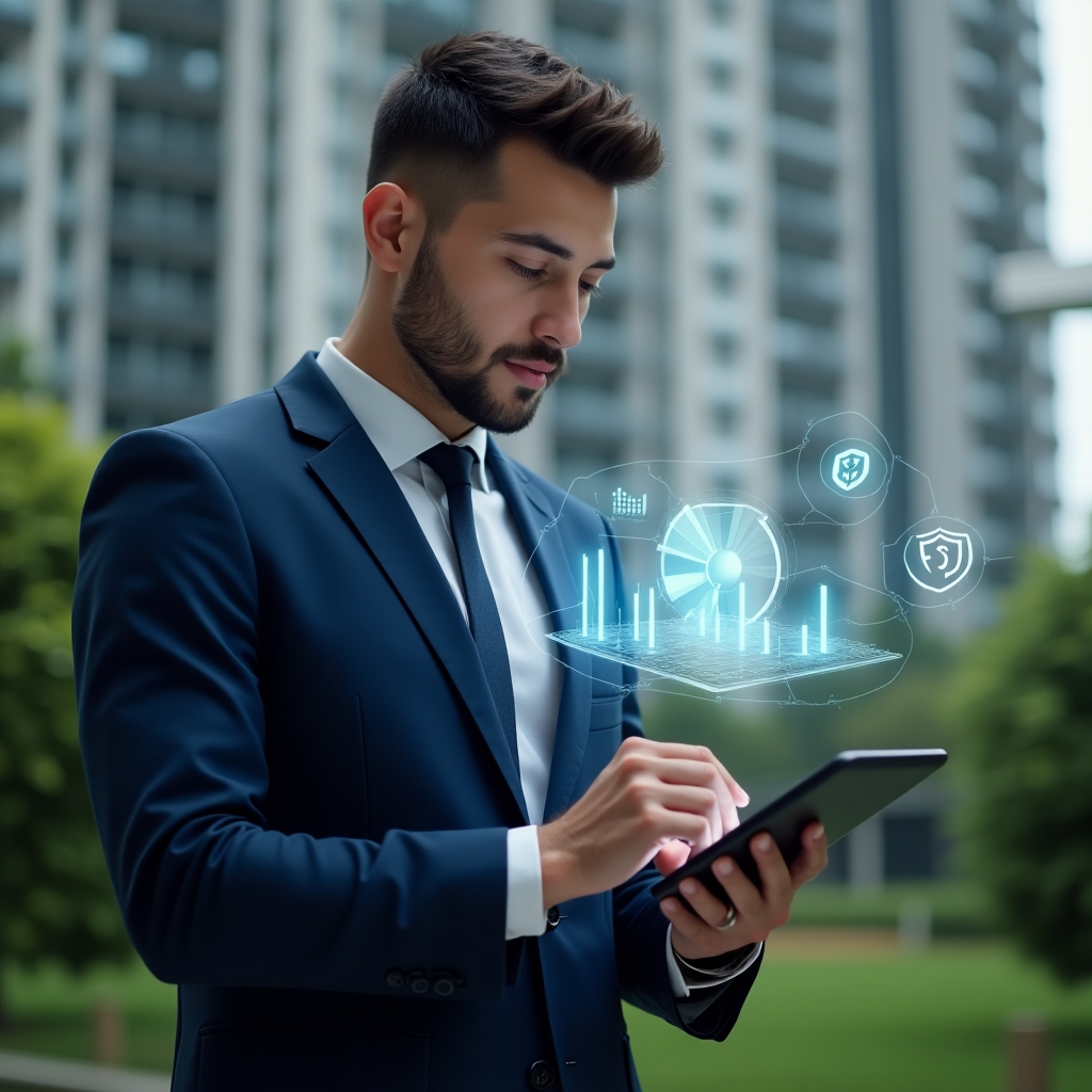 Ultra-realistic condominium manager in a navy blue suit, set in a modern luxury condominium environment with high-rise buildings and lush green landscaping, thoughtfully reviewing a holographic pie chart and bar graph projected from a tablet—translucent icons of coins and shield symbols floating around—cinematic lighting, shallow depth of field, highly detailed textures, realistic skin, photographic realism, 8k resolution --ar 1:1 --v 6