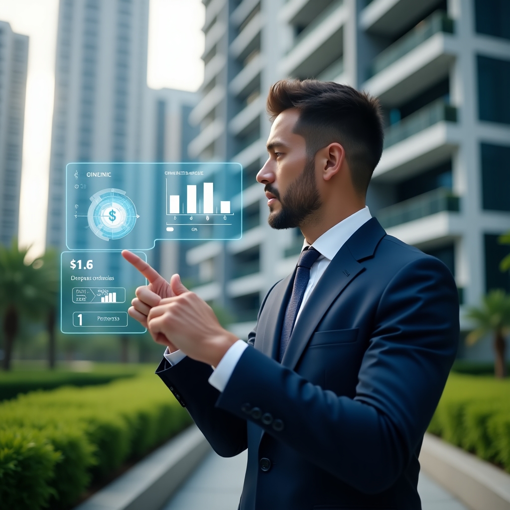 Ultra-realistic condominium manager in a navy business suit, set in a modern luxury condominium environment with high-rise buildings and lush green landscaping, analyzing a holographic financial dashboard with icons representing routine maintenance (“despesas ordinárias”) and emergency repairs (“despesas extraordinárias”), pointing thoughtfully at floating budget charts, cinematic lighting, shallow depth of field, highly detailed textures, realistic skin, photographic realism, 8k resolution --ar 1:1 --v 6