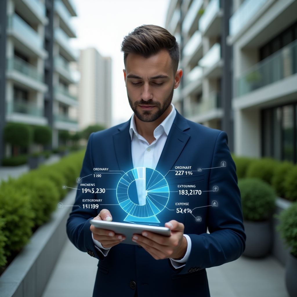 Ultra-realistic professional condo manager in a navy blue suit, set in a modern luxury condominium environment with high-rise buildings and lush green landscaping, holding a digital tablet with a holographic pie chart split into ordinary vs extraordinary expenses, analyzing data with a confident, thoughtful expression, floating expense icons and transparent rate-share graphs around them, cinematic lighting, shallow depth of field, highly detailed textures, realistic skin, photographic realism, 8k resolution --ar 1:1 --v 6