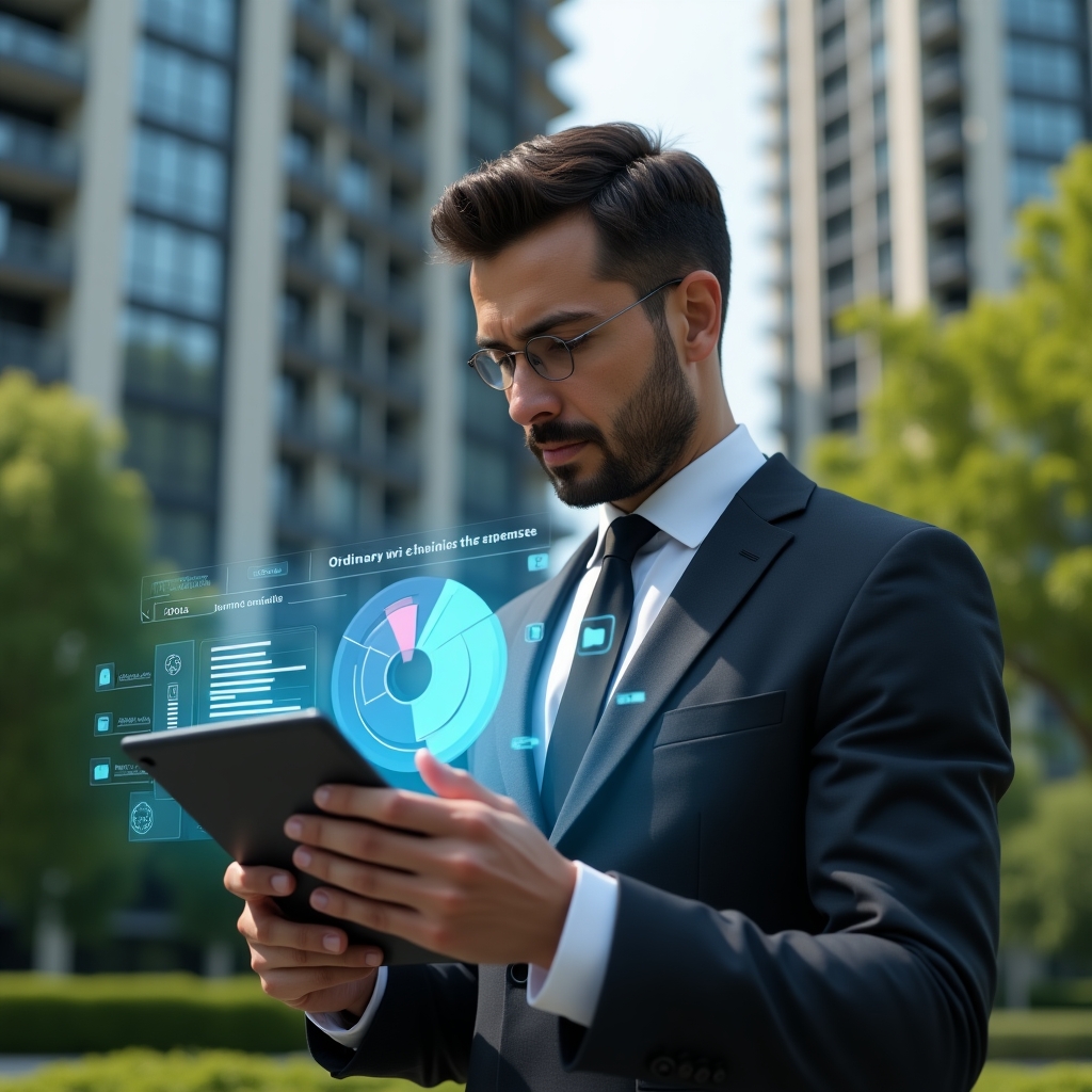 Ultra-realistic condominium manager in a charcoal suit, set in a modern luxury condominium environment with high-rise buildings and lush green landscaping, analyzing a digital tablet with a holographic pie chart split between ordinary and extraordinary expenses, confident and focused expression, floating financial icons and spreadsheet holograms around, cinematic lighting, shallow depth of field, highly detailed textures, realistic skin, photographic realism, 8k resolution --ar 1:1 --v 6