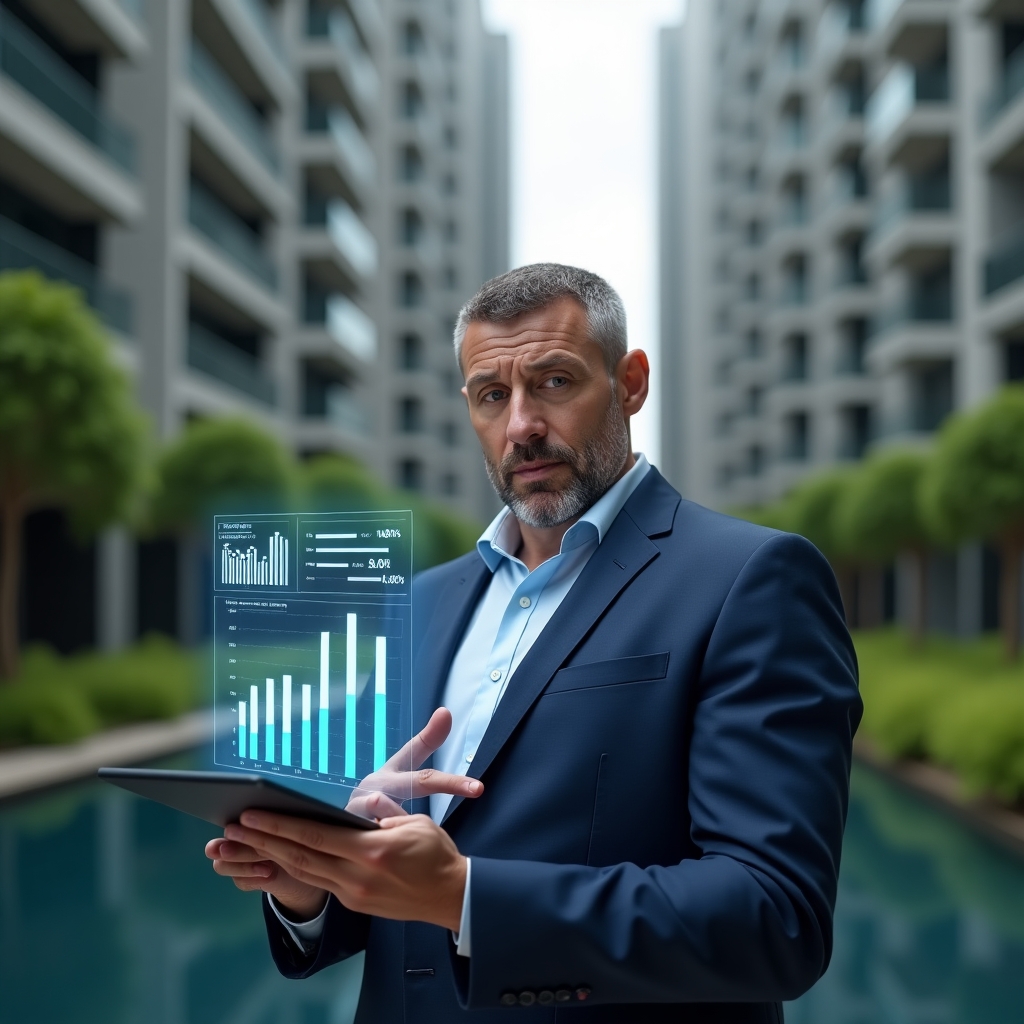 Ultra-realistic condominium manager in a navy blue suit, set in a modern luxury condominium environment with high-rise buildings and lush green landscaping, holding a tablet displaying comparative charts of ordinary vs extraordinary expenses, pointing at a holographic bar graph of financial data, focused confident expression, cinematic lighting, shallow depth of field, highly detailed textures, realistic skin, photographic realism, 8k resolution --ar 1:1 --v 6
