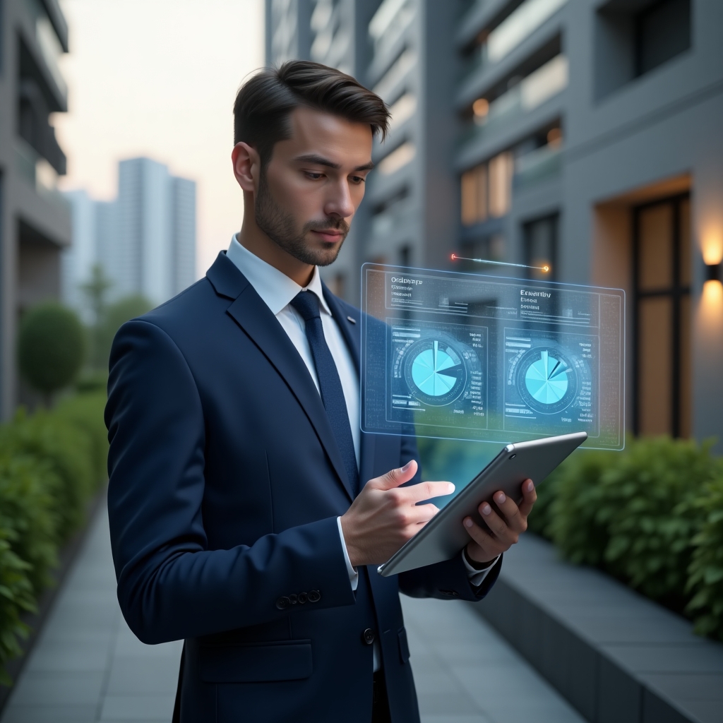 Ultra-realistic condominium property manager in a navy blue tailored suit, set in a modern luxury condominium environment with high-rise buildings and green landscaping, medium shot of them analyzing a digital tablet displaying holographic pie charts comparing ordinary vs extraordinary expenses, confident and thoughtful expression, cinematic lighting, shallow depth of field, highly detailed textures, realistic skin, photographic realism, 8k resolution --ar 1:1 --v 6
