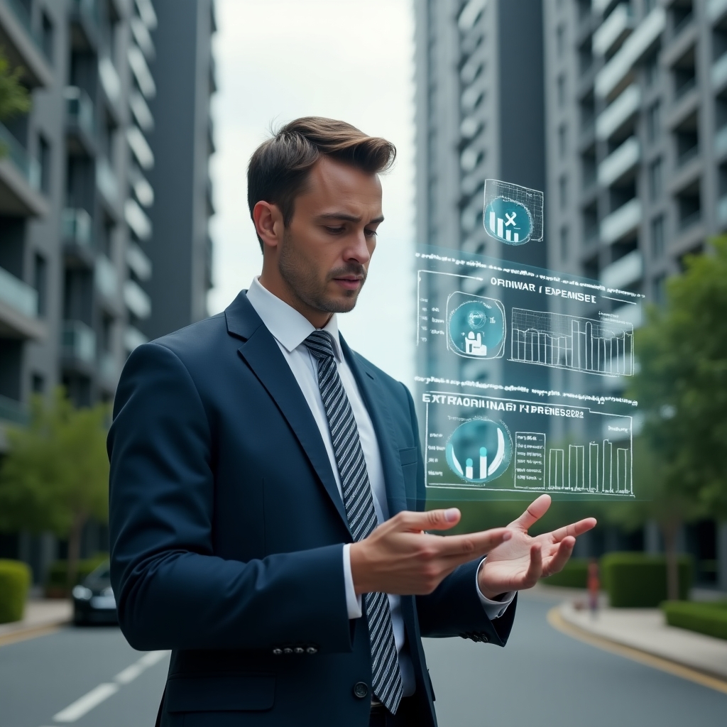 Ultra-realistic condominium manager in a navy suit, set in a modern luxury condominium environment with high-rise buildings and green landscaping, mid-shot of a confident professional comparing two holographic financial charts labeled “Ordinary Expenses” and “Extraordinary Expenses,” with floating icons of a wrench and a leaf representing maintenance and repairs, cinematic lighting, shallow depth of field, highly detailed textures, realistic skin, photographic realism, 8k resolution --ar 1:1 --v 6