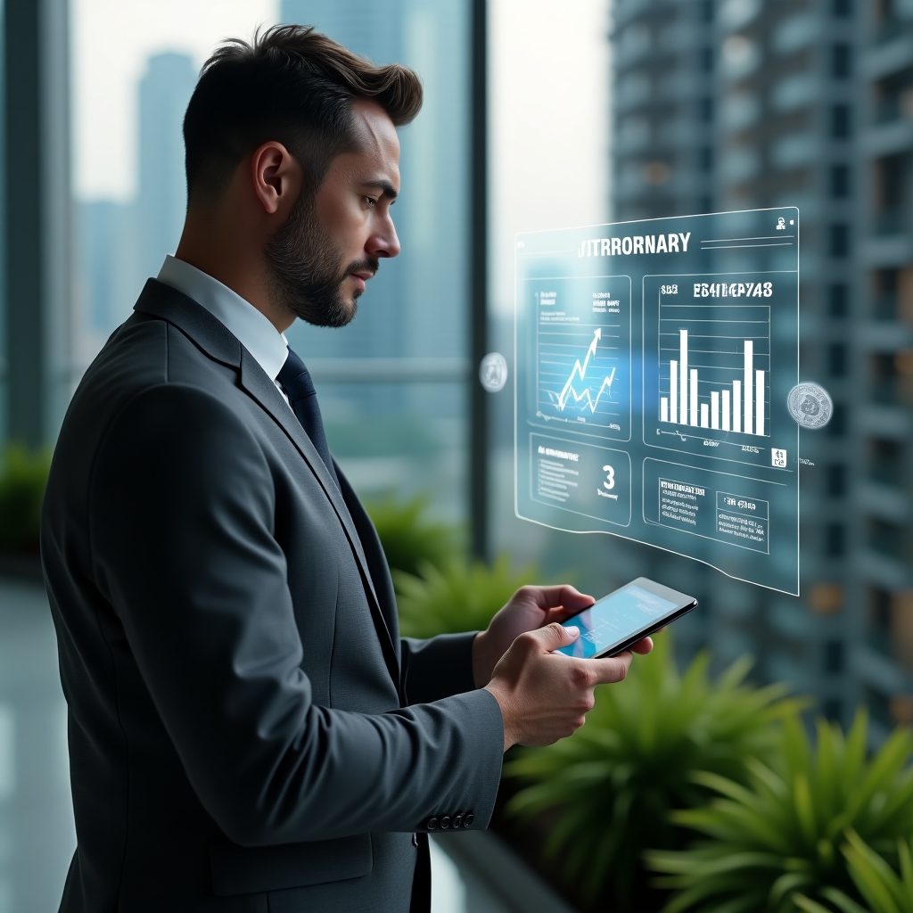 (Ultra-realistic condominium manager in a charcoal gray suit, set in a modern luxury condominium environment with high-rise buildings and well-kept green landscaping, analyzing a holographic split-screen of “Ordinary vs Extraordinary Expenses” budget charts while holding a digital tablet, holographic icons of coins and invoices floating around, confident and thoughtful expression, cinematic lighting, shallow depth of field, highly detailed textures, realistic skin, photographic realism, 8k resolution --ar 1:1 --v 6)