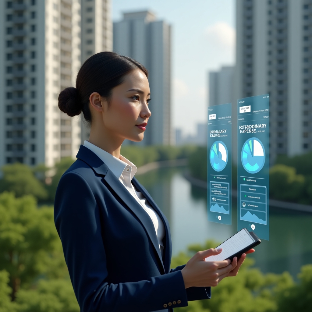 Ultra-realistic condominium manager in a navy blue business suit, set in a modern luxury condominium environment with high-rise buildings and lush green landscaping, thoughtfully analyzing holographic financial charts splitting “Ordinary vs Extraordinary Expenses,” with floating money icons and pie diagrams around her, cinematic lighting, shallow depth of field, highly detailed textures, realistic skin, photographic realism, 8k resolution --ar 1:1 --v 6