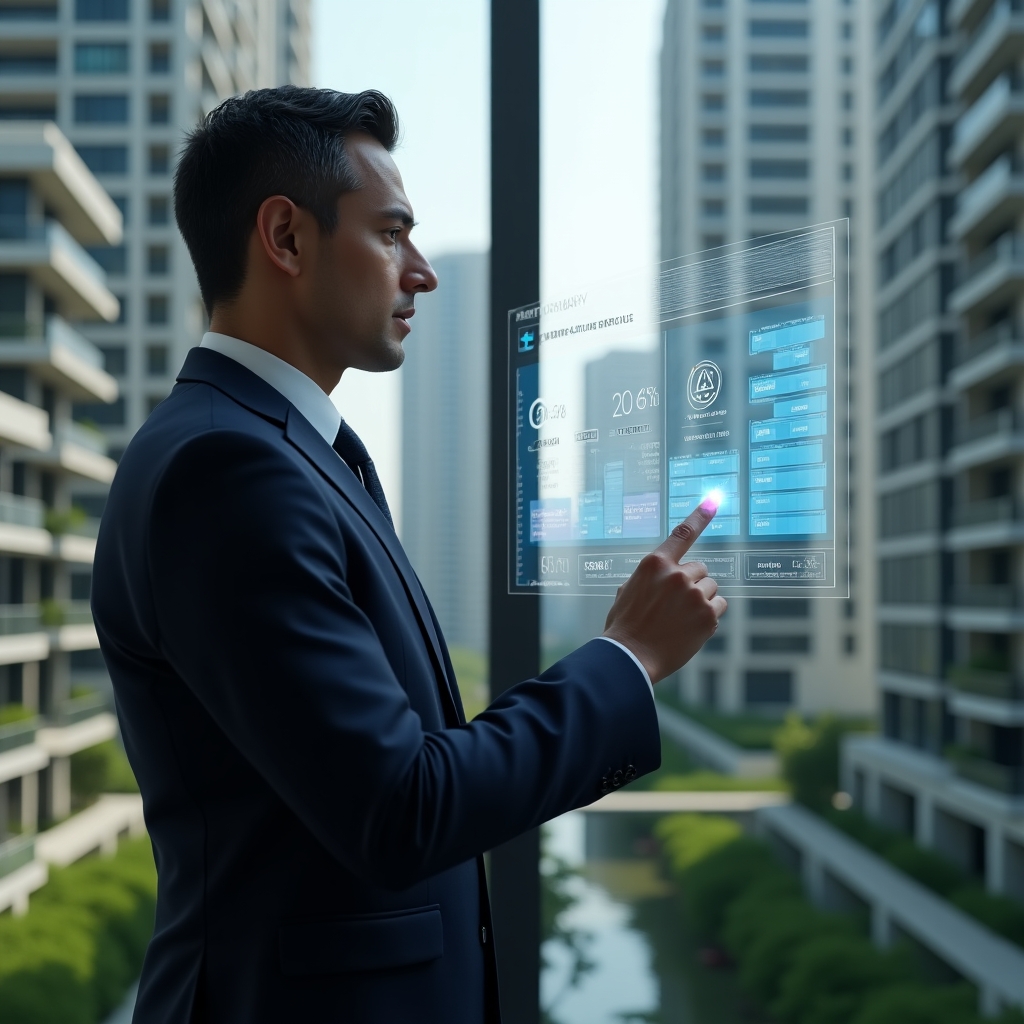 (Ultra-realistic condominium manager in a navy business suit, set in a modern luxury condominium environment with high-rise buildings and green landscaping, analyzing a semi-transparent holographic chart split into “Ordinary” and “Extraordinary” expense columns, confidently pointing at the data with floating currency icons and a caution symbol, cinematic lighting, shallow depth of field, highly detailed textures, realistic skin, photographic realism, 8k resolution --ar 1:1 --v 6)