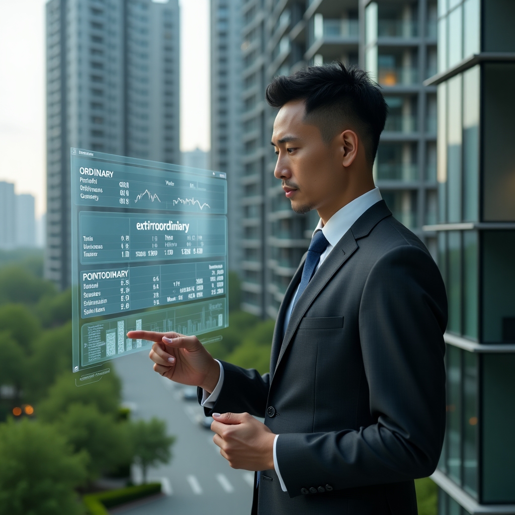 Ultra-realistic condominium manager in a dark gray tailored suit, set in a modern luxury condominium environment with high-rise buildings and lush green landscaping, analyzing financial figures on a transparent holographic screen displaying “ordinary” vs “extraordinary” expense categories, confident and focused expression, cinematic lighting, shallow depth of field, highly detailed textures, realistic skin, photographic realism, 8k resolution --ar 1:1 --v 6
