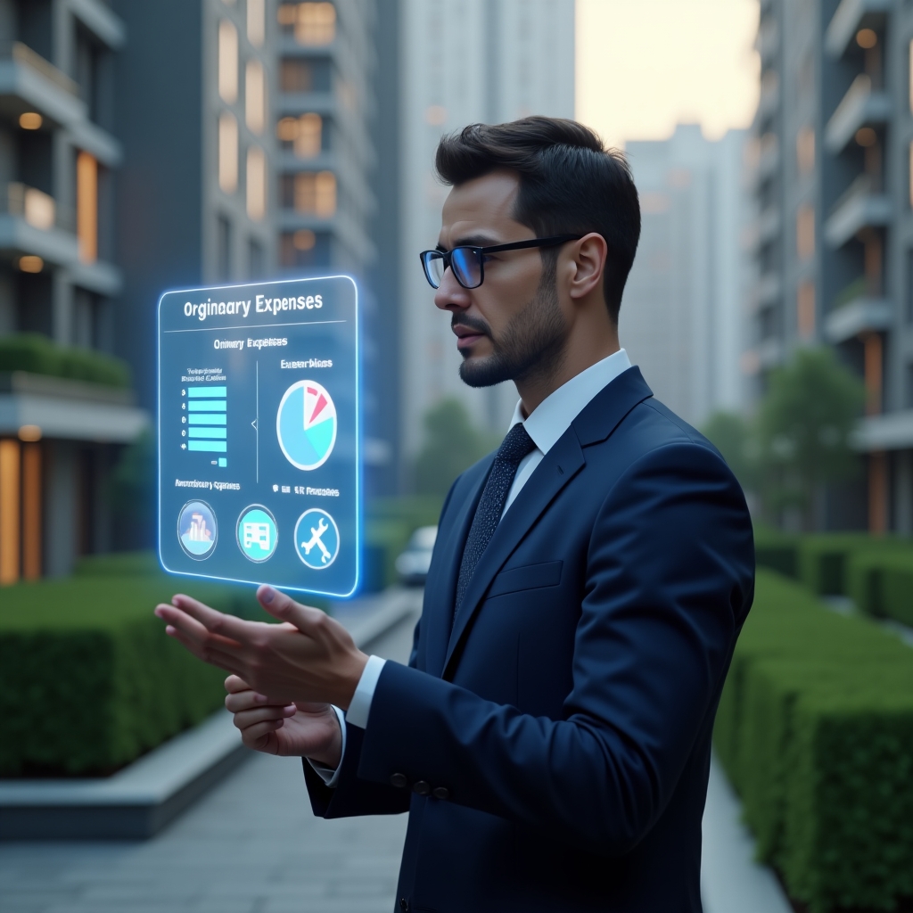 Ultra-realistic condominium manager in a navy blue executive suit, set in a modern luxury condominium environment with high-rise buildings and pristine green landscaping, mid shot of the manager thoughtfully analyzing floating holographic budget charts labeled “Ordinary Expenses” and “Extraordinary Expenses,” with a holographic pie chart and wrench icon, cinematic lighting, shallow depth of field, highly detailed textures, realistic skin, photographic realism, 8k resolution --ar 1:1 --v 6