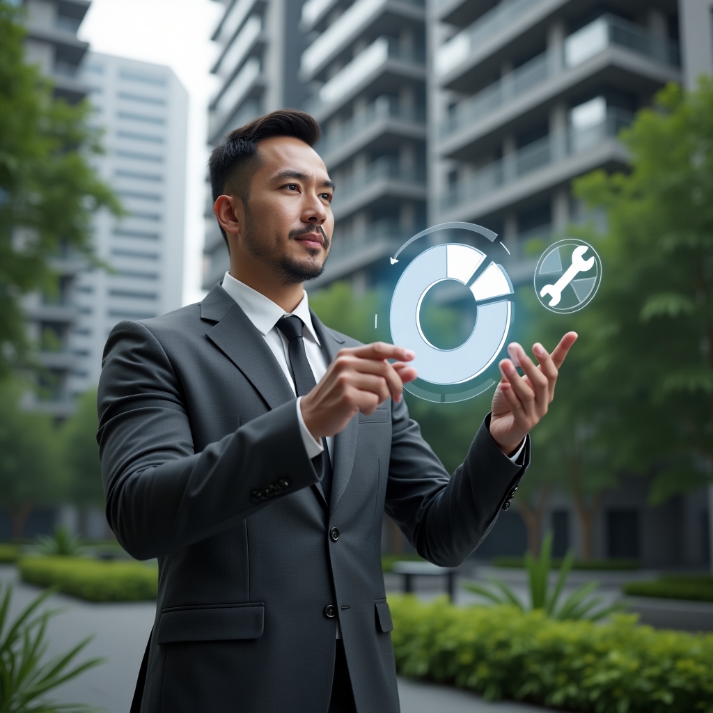(Ultra-realistic condominium manager in a charcoal gray executive suit, set in a modern luxury condominium environment with high-rise buildings and lush green landscaping, examining a holographic pie chart split between ordinary and extraordinary expenses, confident and thoughtful expression, floating icons of a mop and a wrench symbolizing routine maintenance and emergency repairs, cinematic lighting, shallow depth of field, highly detailed textures, realistic skin, photographic realism, 8k resolution --ar 1:1 --v 6)