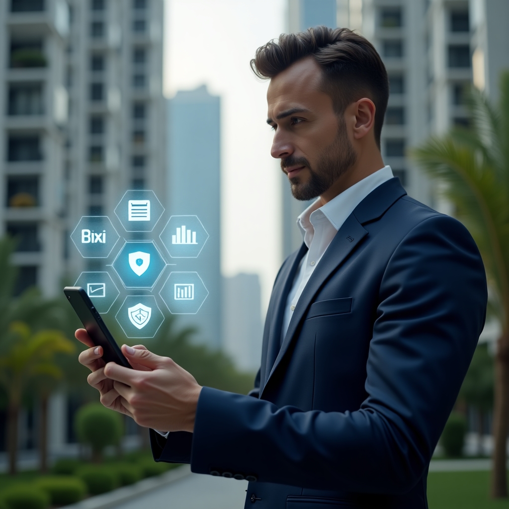 (Ultra-realistic condominium manager in a navy suit, set in a modern luxury condominium environment with high-rise buildings and manicured greenery, holding a smartphone displaying a holographic app interface with glowing icons of calendar, checklist, security shield and data graphs, looking confident and focused, cinematic lighting, shallow depth of field, highly detailed textures, realistic skin, photographic realism, 8k resolution --ar 1:1 --v 6)