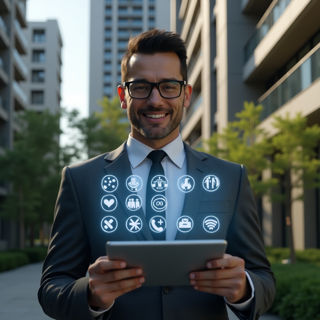 Ultra-realistic condominium manager in an elegant dark gray suit, set in a modern luxury condominium environment with high-rise buildings and manicured greenery, medium shot: the manager holding a tablet projecting a holographic list of ten community rules with icons of handshake, quiet zone, clean area and group chat symbols, confident and welcoming expression, cinematic lighting, shallow depth of field, highly detailed textures, realistic skin, photographic realism, 8k resolution --ar 1:1 --v 6
