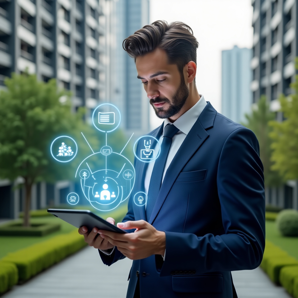 (Ultra-realistic condominium manager in a tailored navy-blue suit, set in a modern luxury condominium environment with high-rise buildings and well-manicured green landscaping, medium close-up of a confident professional holding a tablet showcasing a holographic checklist of ten golden rules for good coexistence, surrounded by floating icons of a handshake, quiet-hours symbol, and community group, cinematic lighting, shallow depth of field, highly detailed textures, realistic skin, photographic realism, 8k resolution --ar 1:1 --v 6)