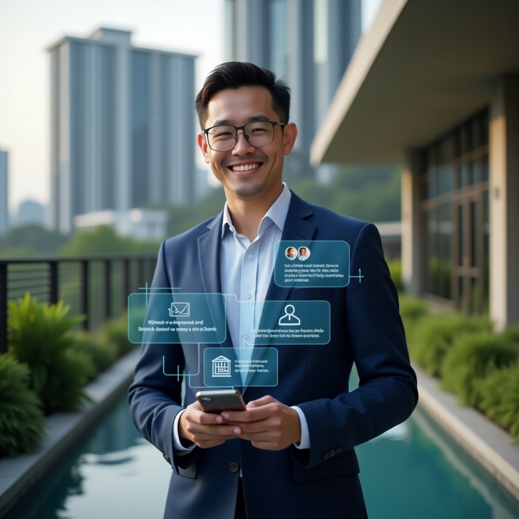 Ultra-realistic condominium manager in a navy blue tailored suit, set in a modern luxury condominium environment with high-rise buildings and lush green landscaping, holding a smartphone displaying a holographic condo management app interface with chat bubble icons and schedule reminders, smiling confidently as virtual community members appear around him, cinematic lighting, shallow depth of field, highly detailed textures, realistic skin, photographic realism, 8k resolution --ar 1:1 --v 6
