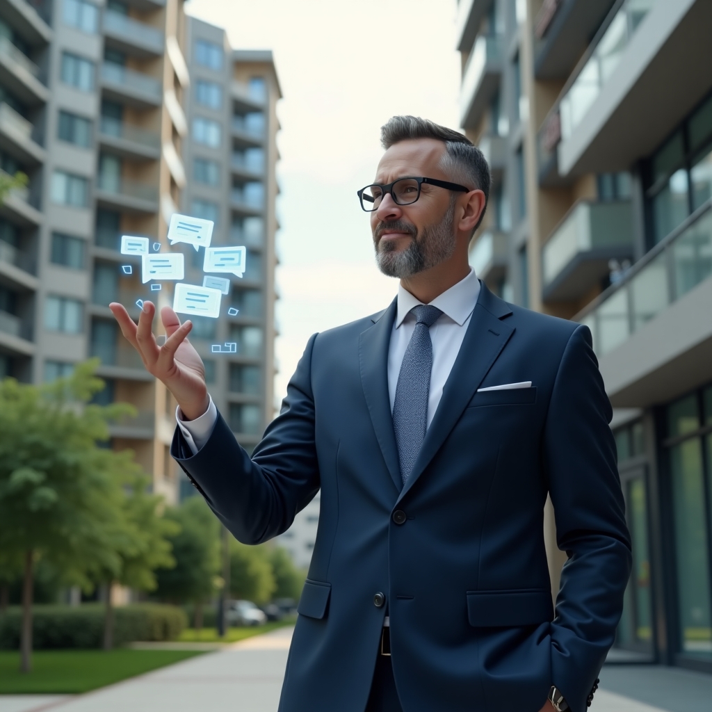 (Ultra-realistic property manager in a navy blue suit, set in a modern luxury condominium environment with high-rise buildings and green landscaping, gesturing with an open hand as if welcoming neighbors to a community meeting, holographic chat bubble icons hovering around, cinematic lighting, shallow depth of field, highly detailed textures, realistic skin, photographic realism, 8k resolution --ar 1:1 --v 6)