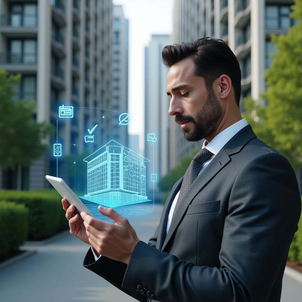 (Ultra-realistic condominium manager in a tailored gray suit, set in a modern luxury condominium environment with high-rise buildings and lush green landscaping, medium shot of a confident professional examining a digital tablet projecting a holographic building with maintenance checkmarks and calendar icons, cinematic lighting, shallow depth of field, highly detailed textures, realistic skin, photographic realism, 8k resolution --ar 1:1 --v 6)