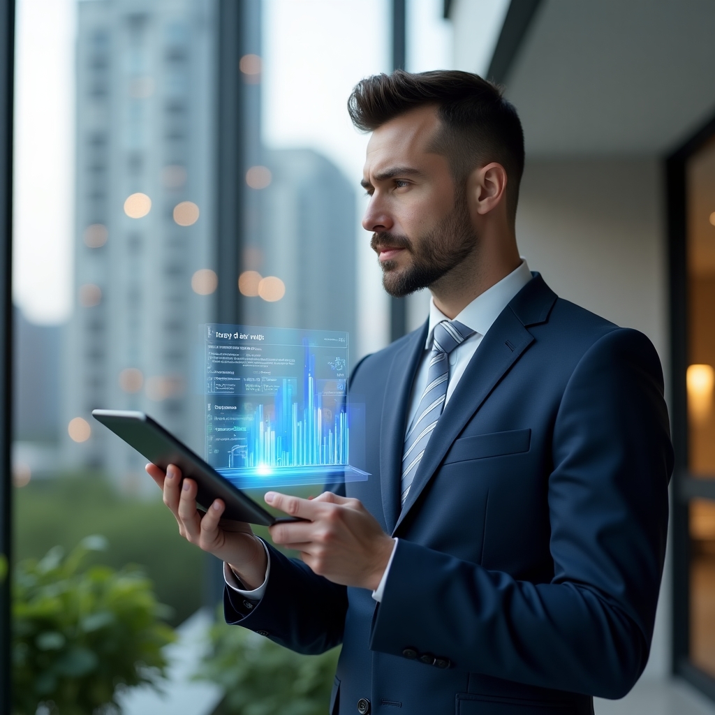 (Ultra-realistic condominium manager in a navy blue suit, set in a modern luxury condominium environment with high-rise buildings and manicured green landscaping, holding a digital tablet displaying holographic cost-saving charts and analyzing data with a confident expression, floating holographic bar graphs symbolizing reduced expenses, cinematic lighting, shallow depth of field, highly detailed textures, realistic skin, photographic realism, 8k resolution --ar 1:1 --v 6)