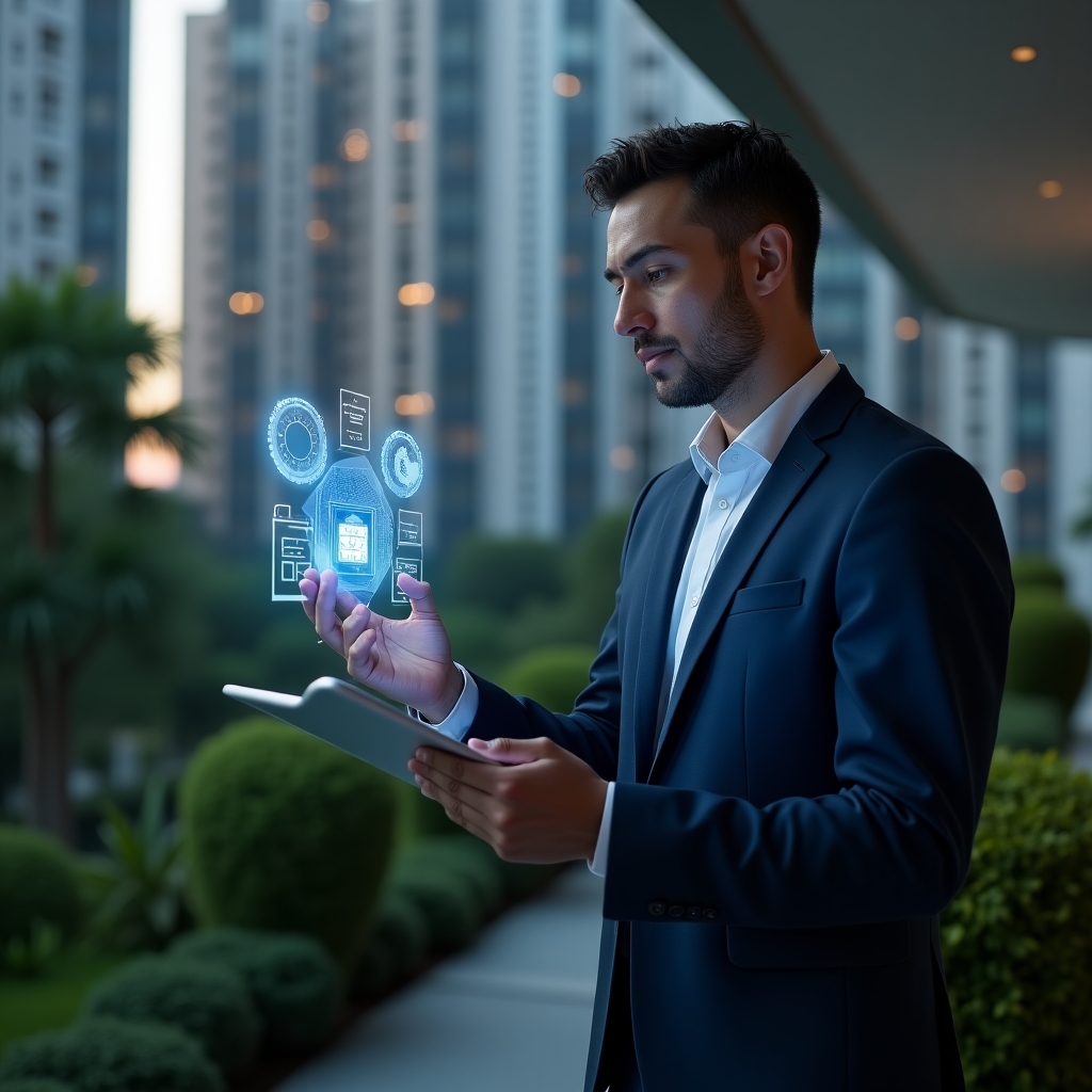 (Ultra-realistic condominium manager in a navy business suit, set in a modern luxury condominium environment with high-rise buildings and verdant landscaping, standing confidently while examining a glowing holographic solar panel interface, solar energy icons floating beside a sleek digital tablet, cinematic lighting, shallow depth of field, highly detailed textures, realistic skin, photographic realism, 8k resolution --ar 1:1 --v 6)