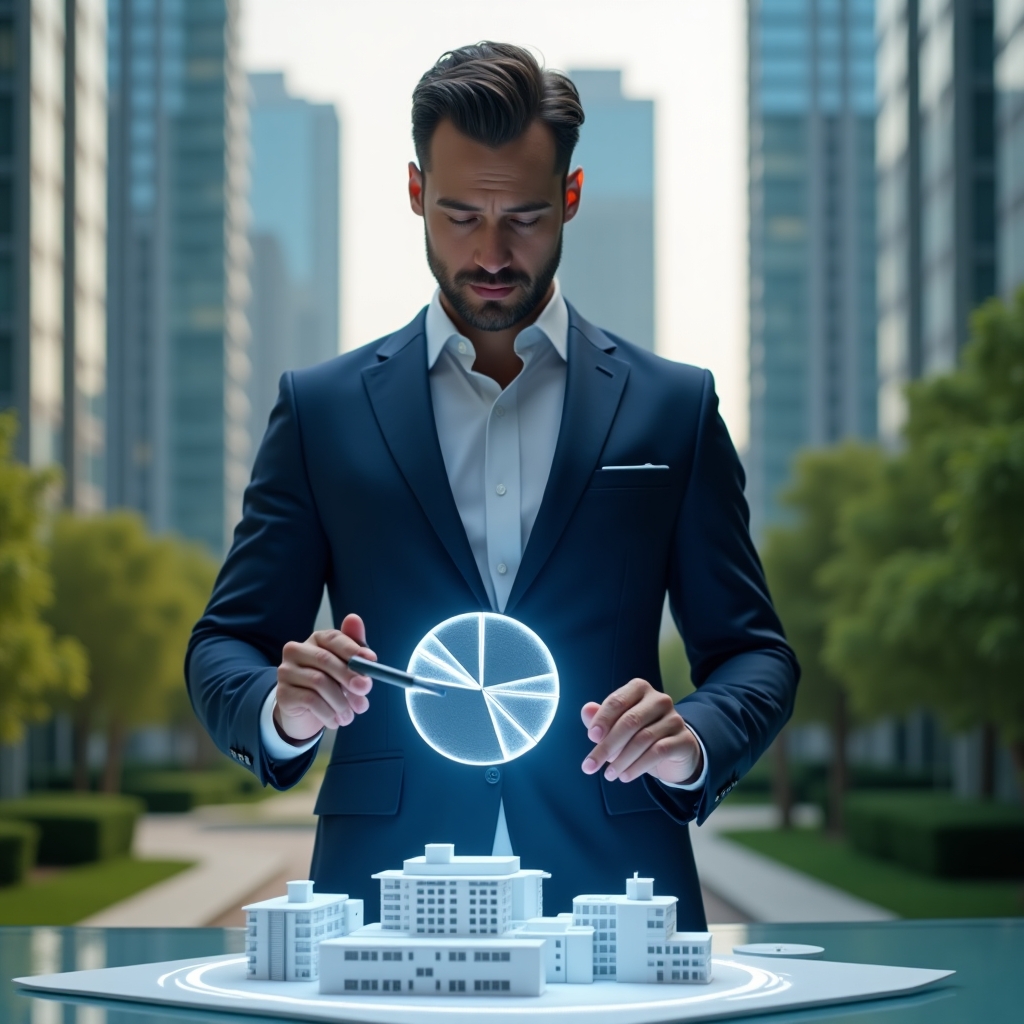 (Ultra-realistic condominium manager in a tailored navy blue suit, set in a modern luxury condominium environment with high-rise glass towers and manicured green gardens in the background, analyzing a floating holographic pie chart representing ideal fraction distribution over a 3D building model, pointing at highlighted segments with a stylus, thoughtful and confident expression, cinematic lighting, shallow depth of field, highly detailed textures, realistic skin, photographic realism, 8k resolution --ar 1:1 --v 6)