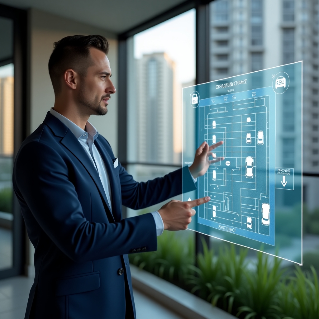 Ultra-realistic condominium manager in a tailored navy blue suit, set in a modern luxury condominium environment with high-rise buildings and green landscaping, standing in a medium shot and pointing at a holographic parking layout map showing garage slots and ideal fraction percentages, interactive car icons floating around the display, confident and focused expression, cinematic lighting, shallow depth of field, highly detailed textures, realistic skin, photographic realism, 8k resolution --ar 1:1 --v 6