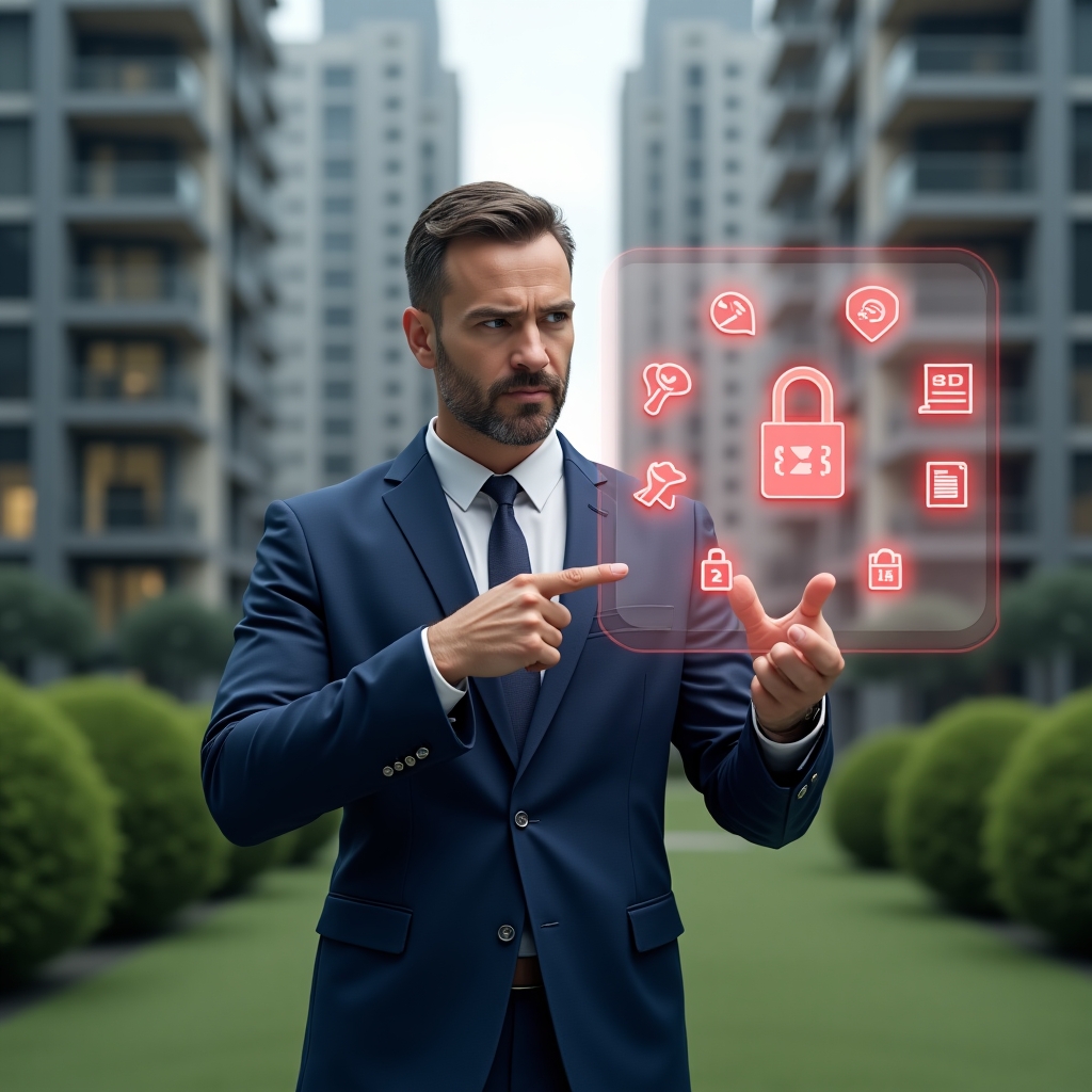 Ultra-realistic condominium manager in a navy blue suit with a serious and focused expression, set in a modern luxury condominium environment with high-rise buildings and well-manicured green landscaping, medium shot of the manager pointing at a holographic interface displaying seven red warning icons (pie chart, speech bubble, spreadsheet, wrench, calendar, lock, document) representing administrative errors, cinematic lighting, shallow depth of field, highly detailed textures, realistic skin, photographic realism, 8k resolution --ar 1:1 --v 6
