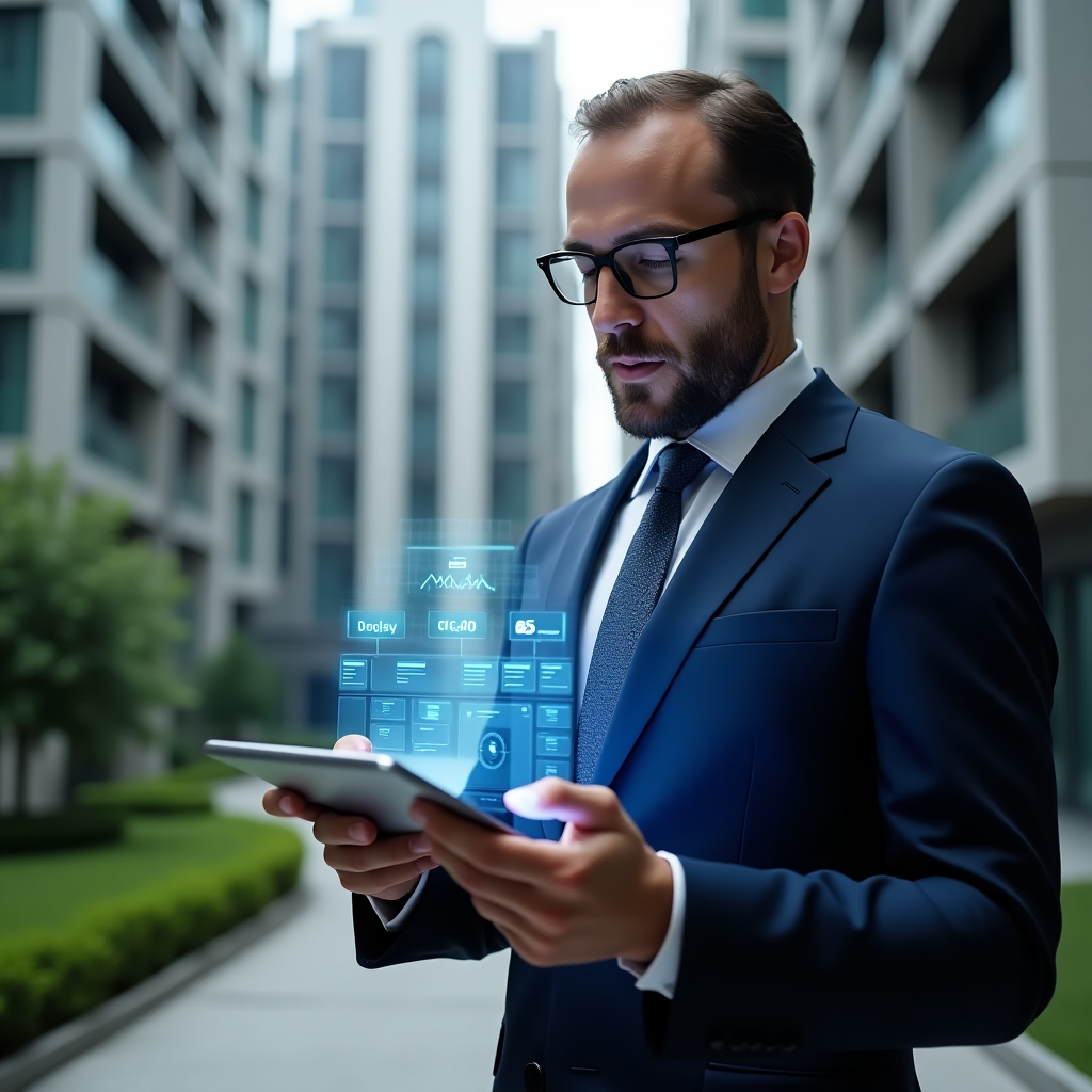 (Ultra-realistic condominium manager in a navy blue suit, set in a modern luxury condominium environment with high-rise buildings and green landscaping, holding a digital tablet displaying a holographic dashboard with icons representing budget, communication and security, analyzing the data with a focused expression, cinematic lighting, shallow depth of field, highly detailed textures, realistic skin, photographic realism, 8k resolution --ar 1:1 --v 6)