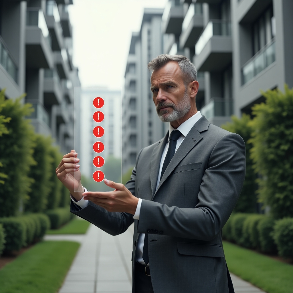 (Ultra-realistic property manager in a charcoal gray suit, set in a modern luxury condominium environment with high-rise buildings and manicured green landscaping, inspecting a floating holographic checklist marked with seven red exclamation icons, serious and analytical expression, cinematic lighting, shallow depth of field, highly detailed textures, realistic skin, photographic realism, 8k resolution --ar 1:1 --v 6)