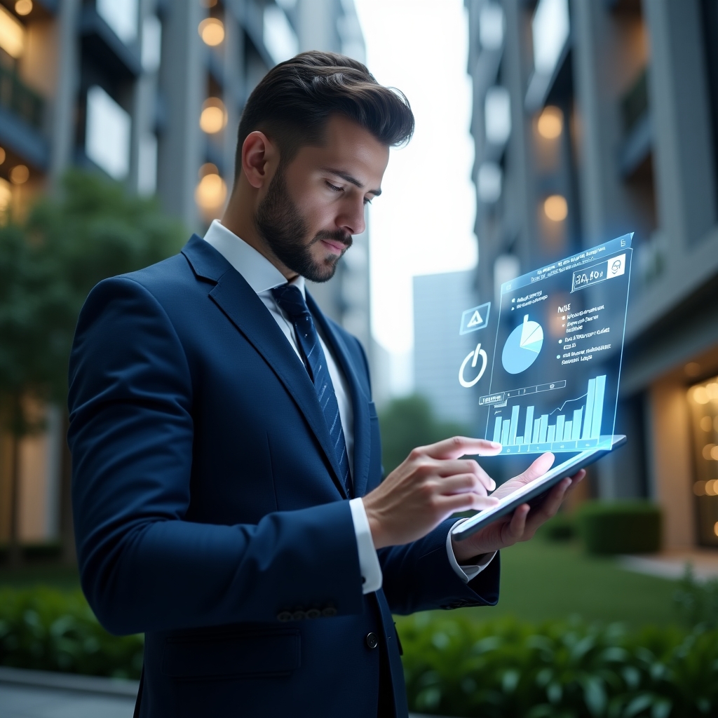 (Ultra-realistic condominium manager in a navy blue tailored suit, set in a modern luxury condominium environment with high-rise buildings and green landscaping, analyzing holographic financial charts projected from a tablet with a serious and thoughtful expression, floating pie charts and bar graphs illuminated by a warning icon overlay, cinematic lighting, shallow depth of field, highly detailed textures, realistic skin, photographic realism, 8k resolution --ar 1:1 --v 6)
