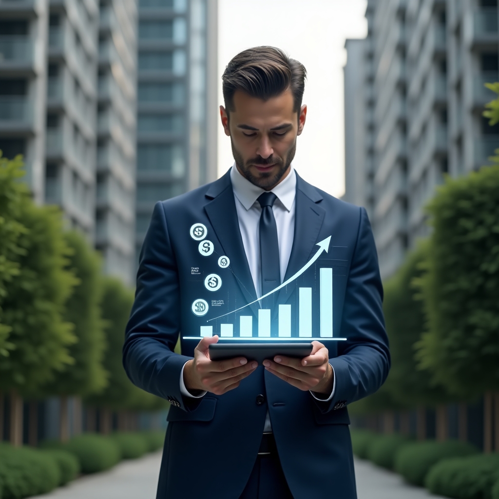 Ultra-realistic condominium manager in a tailored navy blue business suit, set in a modern luxury condominium environment with high-rise buildings and lush green landscaping, confidently reviewing a holographic financial chart showing a 20% cost reduction on a transparent tablet, floating icons of coins and a descending bar graph hologram symbolizing budget optimization, cinematic lighting, shallow depth of field, highly detailed textures, realistic skin, photographic realism, 8k resolution --ar 1:1 --v 6