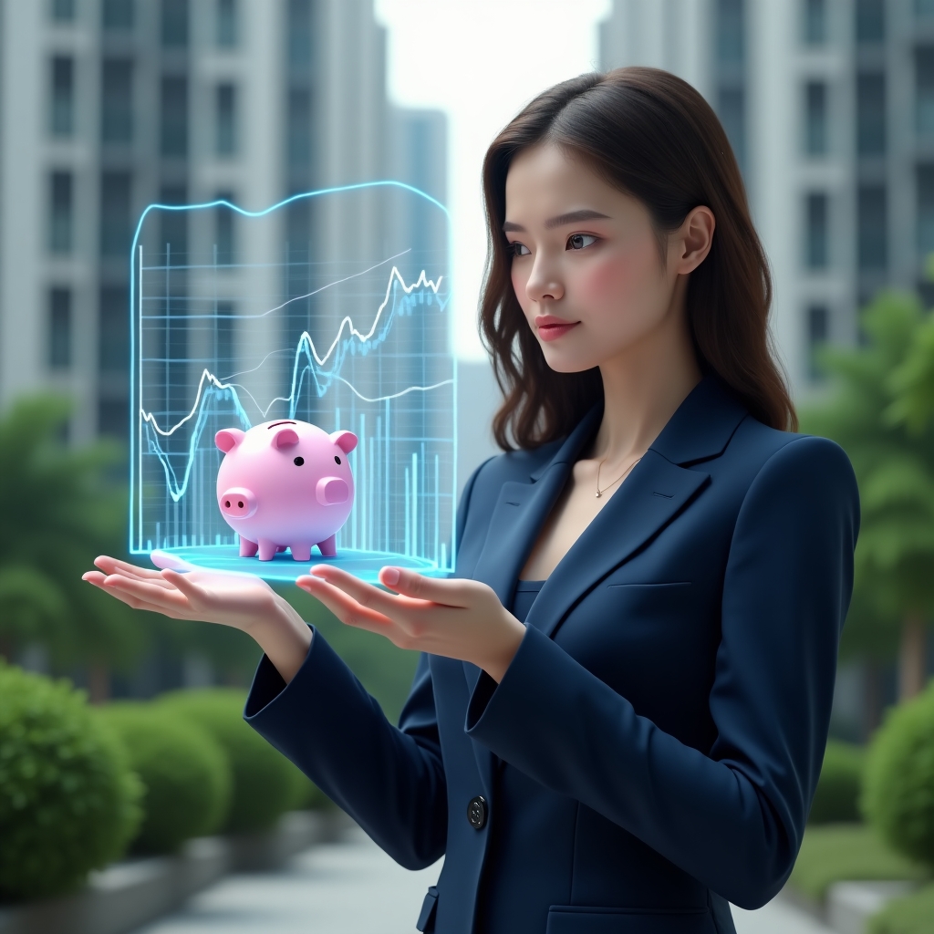 (Ultra-realistic female condominium manager in a navy blue executive suit, set in a modern luxury condominium environment with high-rise buildings and lush green landscaping, examining a holographic financial graph with a floating piggy bank icon symbolizing reserve fund planning, confident and thoughtful expression, cinematic lighting, shallow depth of field, highly detailed textures, realistic skin, photographic realism, 8k resolution --ar 1:1 --v 6)