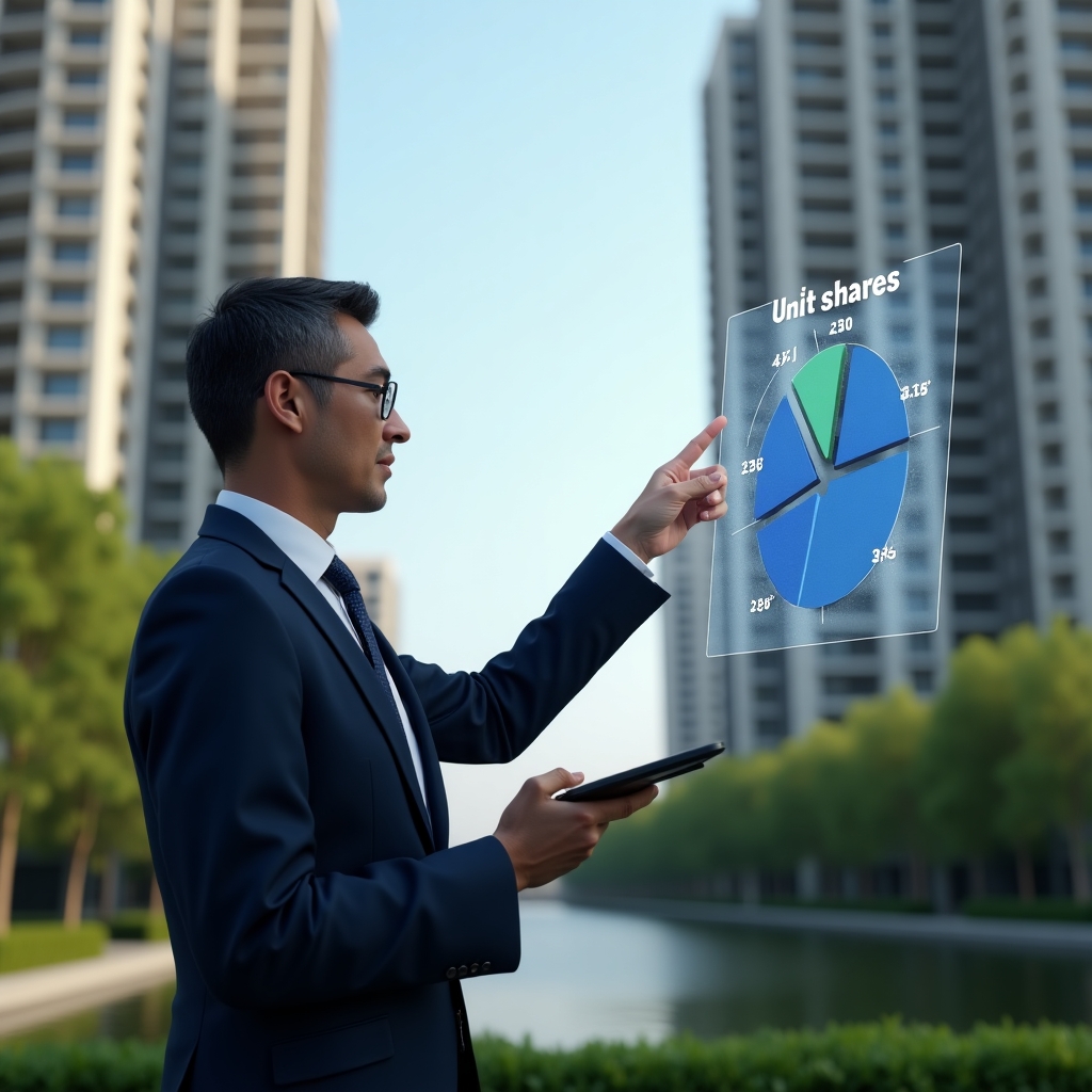 (Ultra-realistic condominium manager in a navy executive suit, set in a modern luxury condominium environment with high-rise buildings and lush green landscaping, examining a holographic fractional pie chart representing unit shares, thoughtfully pointing at the floating chart with a digital tablet in hand, cinematic lighting, shallow depth of field, highly detailed textures, realistic skin, photographic realism, 8k resolution --ar 1:1 --v 6)