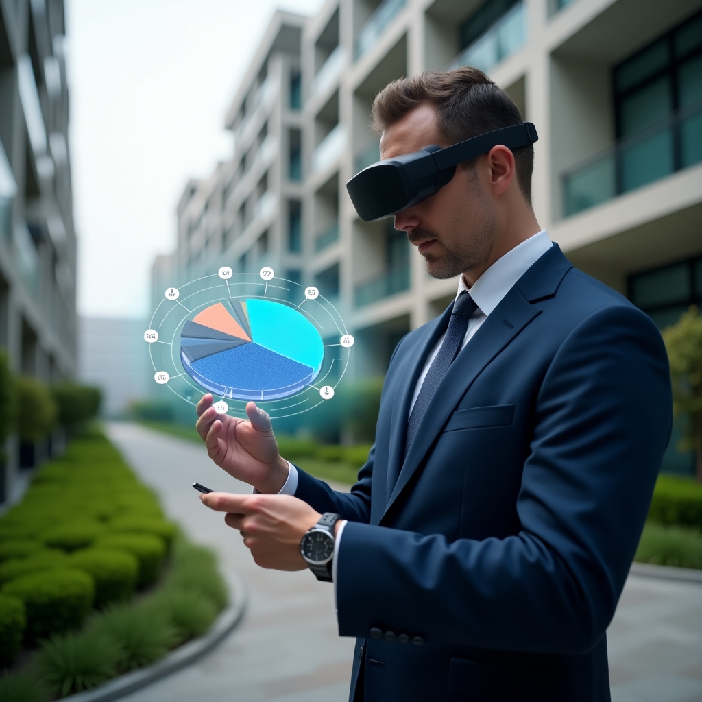 (Ultra-realistic condominium manager in a tailored navy-blue suit, set in a modern luxury condominium environment with high-rise buildings and well-manicured green landscaping, confidently examining a holographic 3D pie chart showing fraction ideal percentages and floating app icons for transparency and efficiency, cinematic lighting, shallow depth of field, highly detailed textures, realistic skin, photographic realism, 8k resolution --ar 1:1 --v 6)