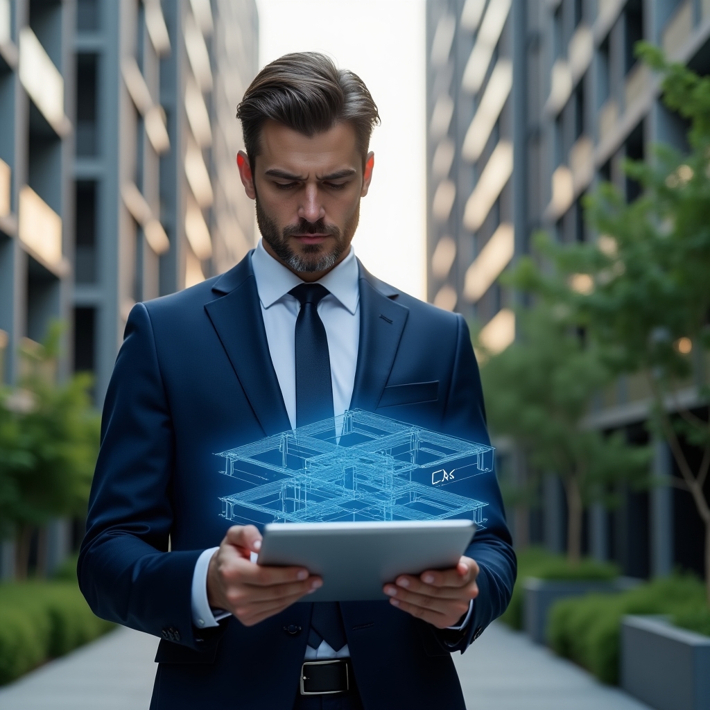 Ultra-realistic condominium manager in a navy blue tailored suit, set in a modern luxury condominium environment with high-rise buildings and lush green landscaping, reviewing a holographic 3D garage parking blueprint annotated with fraction ideal percentages on a digital tablet, pensive and confident expression, cinematic lighting, shallow depth of field, highly detailed textures, realistic skin, photographic realism, 8k resolution --ar 1:1 --v 6