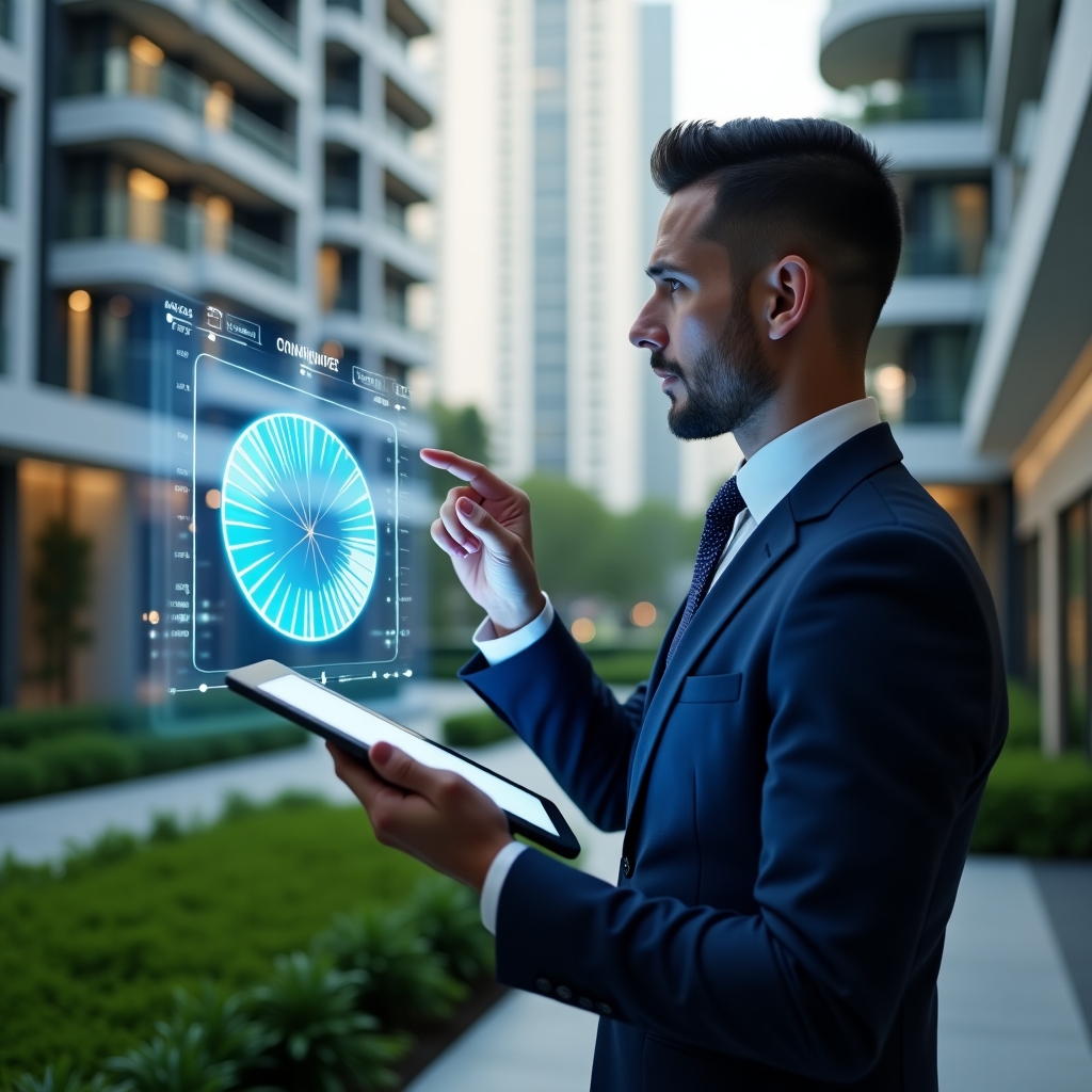 (Ultra-realistic condominium manager in a navy-blue tailored suit, set in a modern luxury condominium environment with high-rise buildings and manicured green landscaping, analyzing a holographic pie chart displaying fractional ownership shares, holding a digital tablet and pointing thoughtfully at the chart, holographic financial icons floating around, confident and analytical expression, cinematic lighting, shallow depth of field, highly detailed textures, realistic skin, photographic realism, 8k resolution --ar 1:1 --v 6)