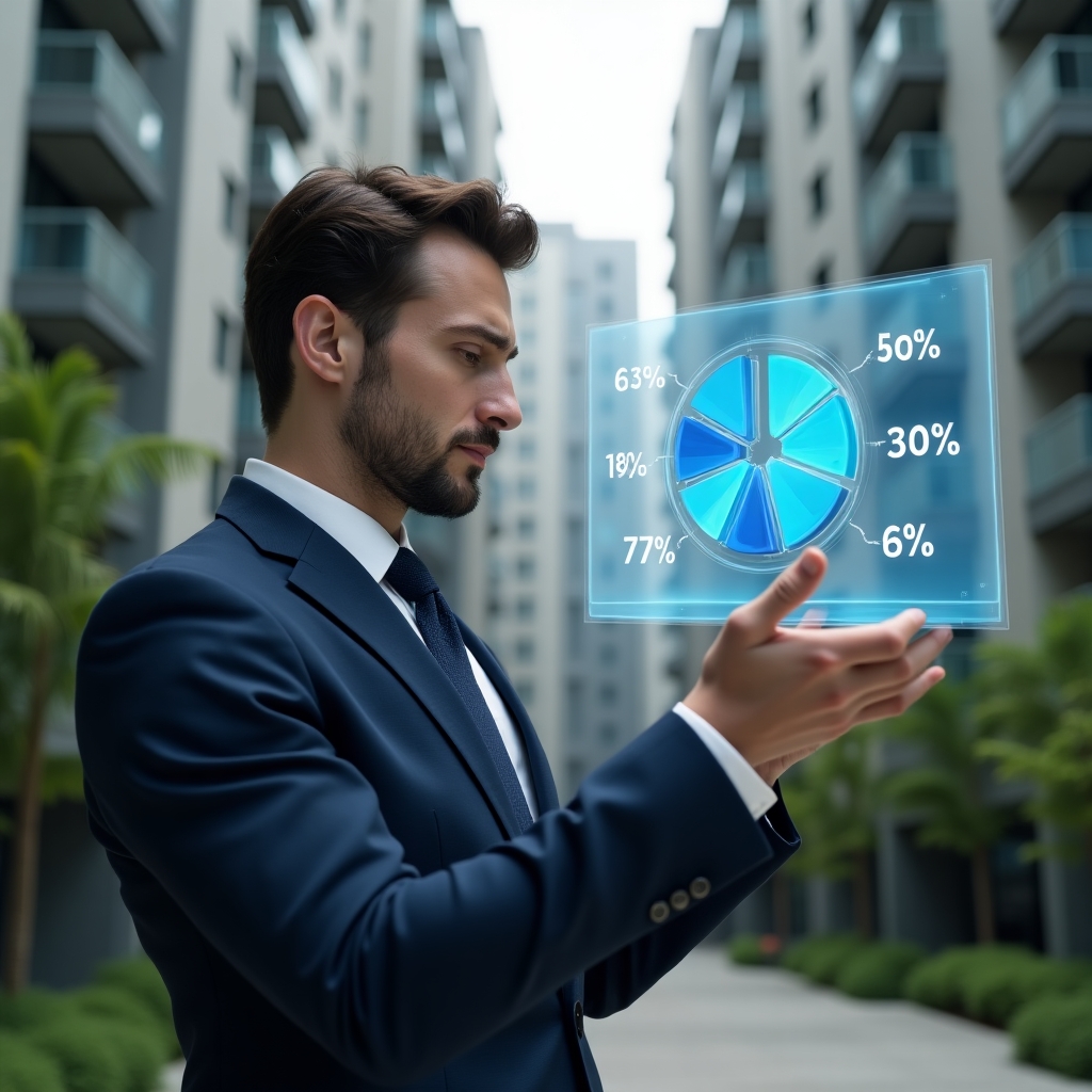 Ultra-realistic condominium manager in a navy-blue suit, medium close-up, set in a modern luxury condominium environment with high-rise buildings and lush green landscaping, analyzing a holographic pie chart showing fraction ideal percentages with floating percentage symbols and currency icons, thoughtful expression, cinematic lighting, shallow depth of field, highly detailed textures, realistic skin, photographic realism, 8k resolution --ar 1:1 --v 6