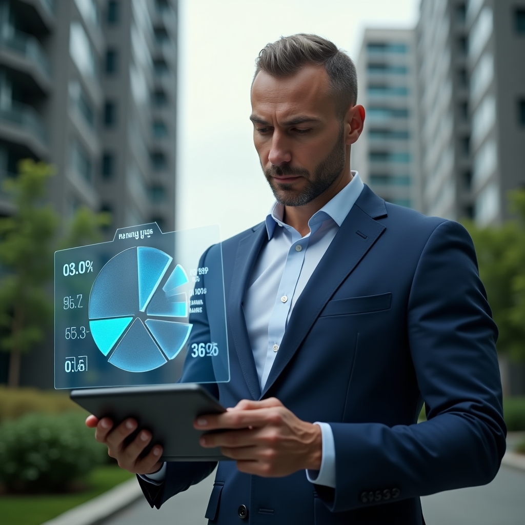 (Ultra-realistic property manager in a navy blue tailored suit, set in a modern luxury condominium environment with high-rise buildings and lush green landscaping, studying a holographic pie chart and fractional metrics floating above a tablet, analytical and confident expression, holographic numbers and bar graphs symbolizing calculation of ideal shares, cinematic lighting, shallow depth of field, highly detailed textures, realistic skin, photographic realism, 8k resolution --ar 1:1 --v 6)
