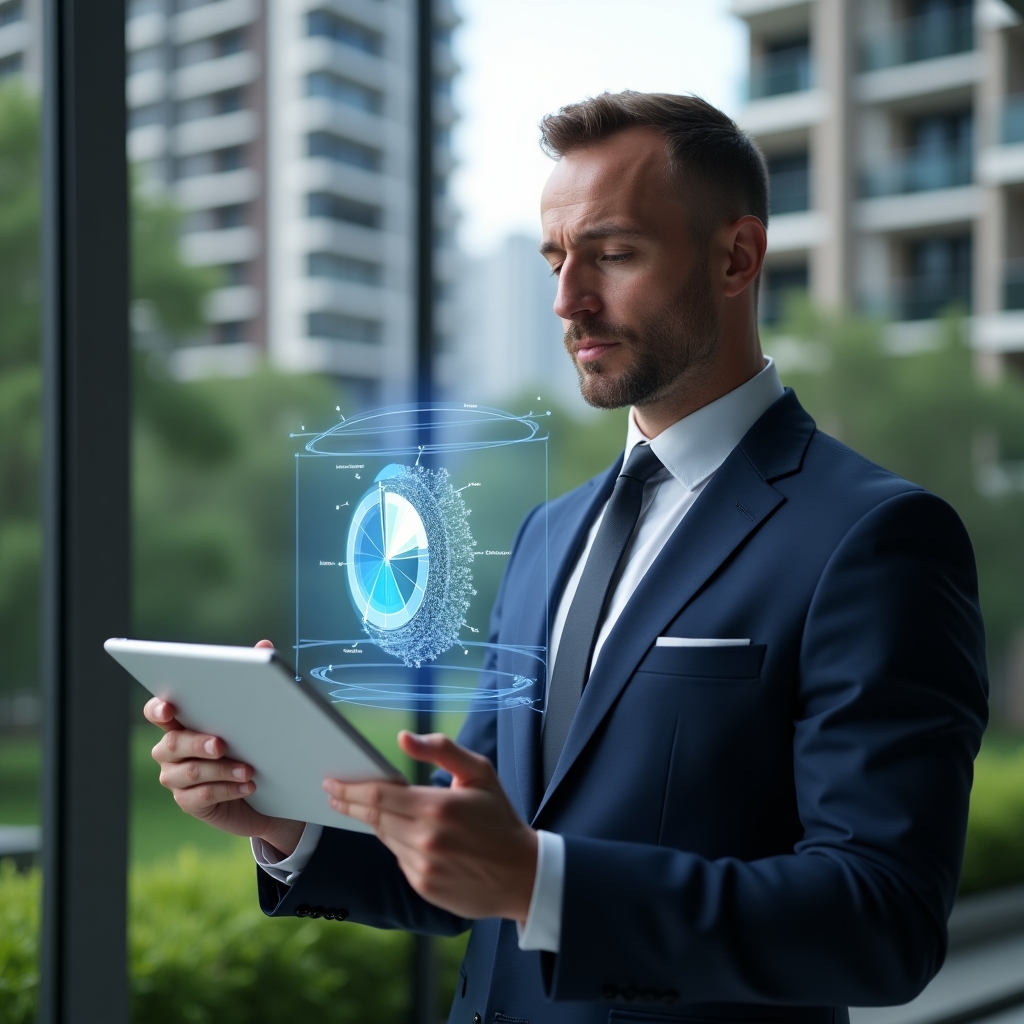 Ultra-realistic property manager in a navy tailored suit, set in a modern luxury condominium environment with high-rise buildings and lush green landscaping, confidently analyzing a holographic pie chart of fractional ownership on a sleek tablet, thematic holographic fraction ideal visualization floating beside them, cinematic lighting, shallow depth of field, highly detailed textures, realistic skin, photographic realism, 8k resolution --ar 1:1 --v 6