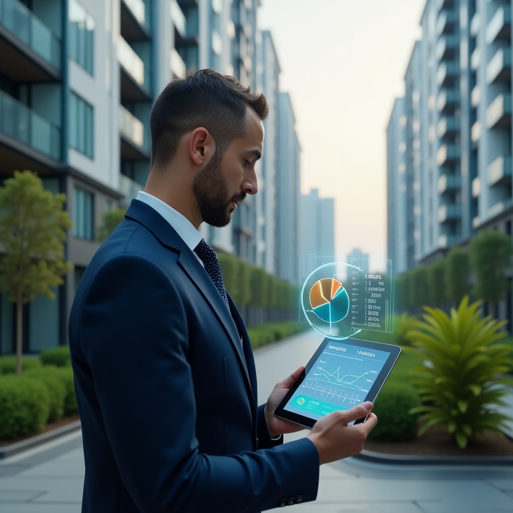Ultra-realistic condominium manager in a tailored navy blue suit, set in a modern luxury condominium environment with high-rise glass towers and manicured green landscaping, analyzing a floating holographic pie chart and app dashboard on a tablet that displays ideal fraction calculations, confident and thoughtful expression, cinematic lighting, shallow depth of field, highly detailed textures, realistic skin, photographic realism, 8k resolution --ar 1:1 --v 6
