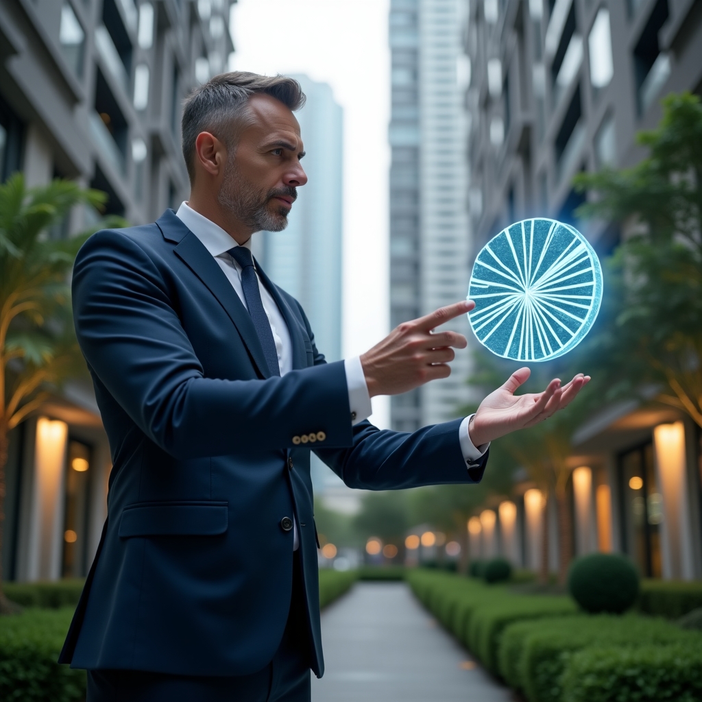 Ultra-realistic condominium manager in a navy suit, set in a modern luxury condominium environment with high-rise buildings and lush green landscaping, analyzing a floating holographic pie chart representing fractional ownership, confident and thoughtful expression, cinematic lighting, shallow depth of field, highly detailed textures, realistic skin, photographic realism, 8k resolution --ar 1:1 --v 6
