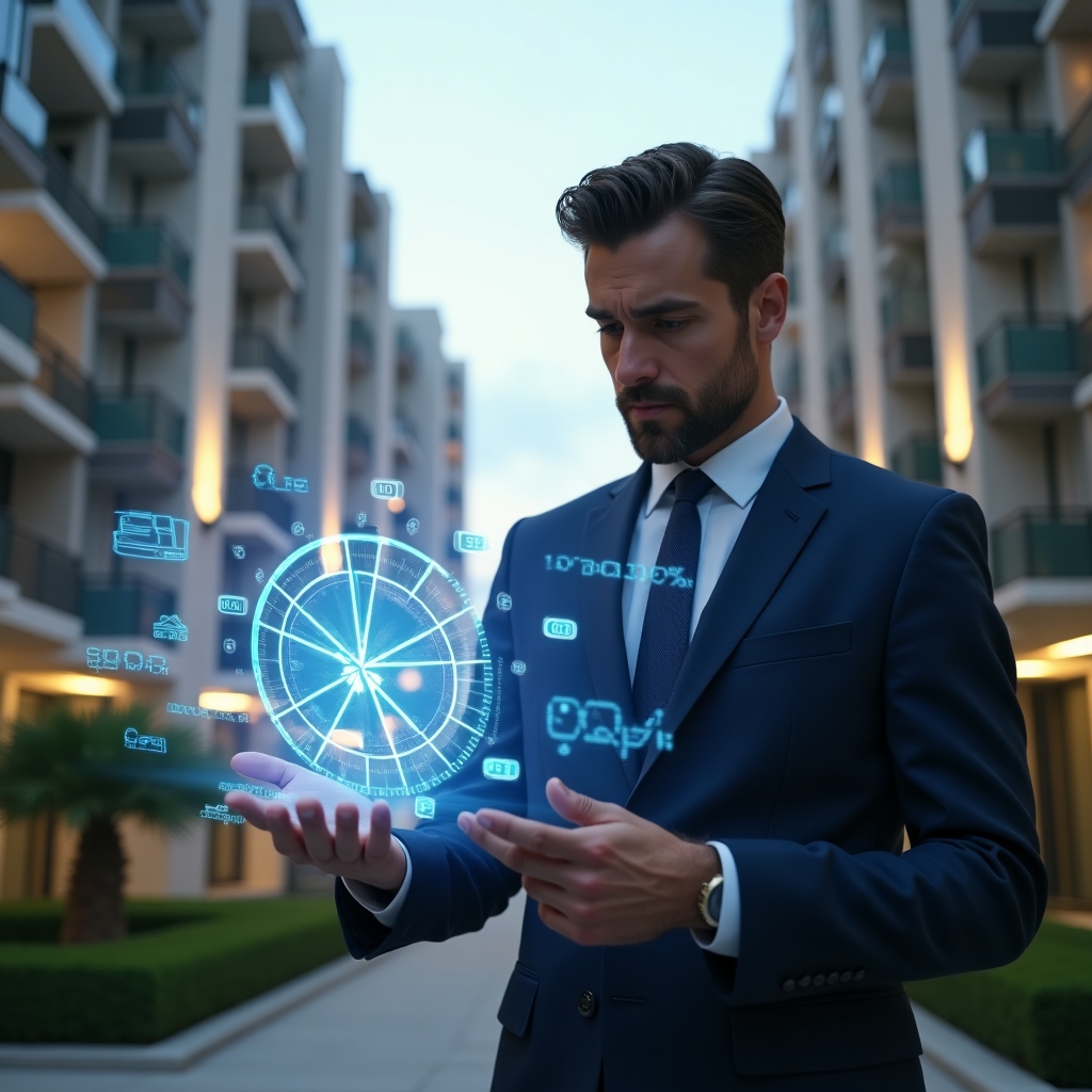 (Ultra-realistic condominium manager in a navy blue tailored suit, set in a modern luxury condominium environment with high-rise buildings and green landscaping, studying a floating holographic pie chart of unit fractions and cost distribution, glowing holographic percentage icons around, confident and focused expression, cinematic lighting, shallow depth of field, highly detailed textures, realistic skin, photographic realism, 8k resolution --ar 1:1 --v 6)