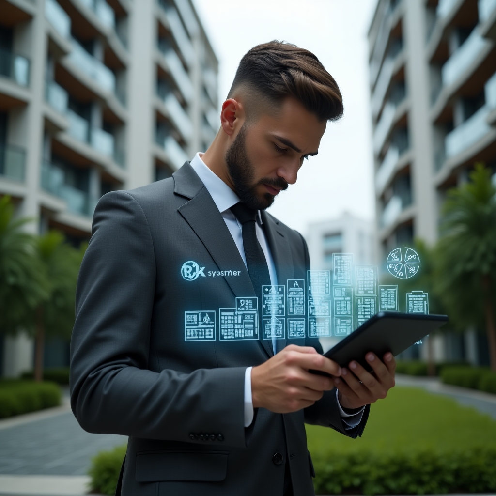 Ultra-realistic condominium manager in a charcoal grey tailored suit, set in a modern luxury condominium environment with high-rise buildings and lush green landscaping, mid-shot of them thoughtfully analyzing a holographic chart of fraction ideal percentages above a sleek tablet, holographic floor plan icons and percentage symbols floating around, cinematic lighting, shallow depth of field, highly detailed textures, realistic skin, photographic realism, 8k resolution --ar 1:1 --v 6