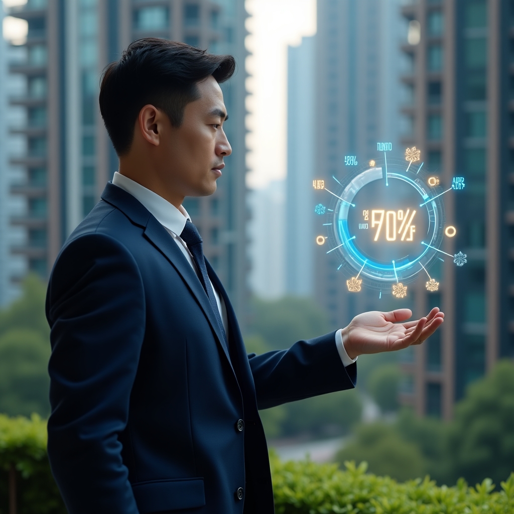 Ultra-realistic condominium manager in a navy blue tailored suit, set in a modern luxury condominium environment with high-rise buildings and green landscaping, thoughtfully analyzing a transparent holographic pie chart displaying unit shares and fee distribution, glowing percentage symbols floating around, cinematic lighting, shallow depth of field, highly detailed textures, realistic skin, photographic realism, 8k resolution --ar 1:1 --v 6
