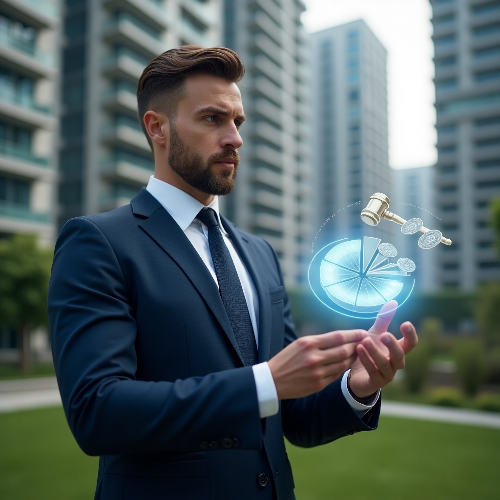 (Ultra-realistic condominium manager in a tailored navy blue business suit, set in a modern luxury condominium environment with high-rise buildings and manicured green areas, examining a floating holographic pie chart representing unit fraction allocation, holographic icons of coins and a voting gavel orbiting around, thoughtful and confident expression, cinematic lighting, shallow depth of field, highly detailed textures, realistic skin, photographic realism, 8k resolution --ar 1:1 --v 6)