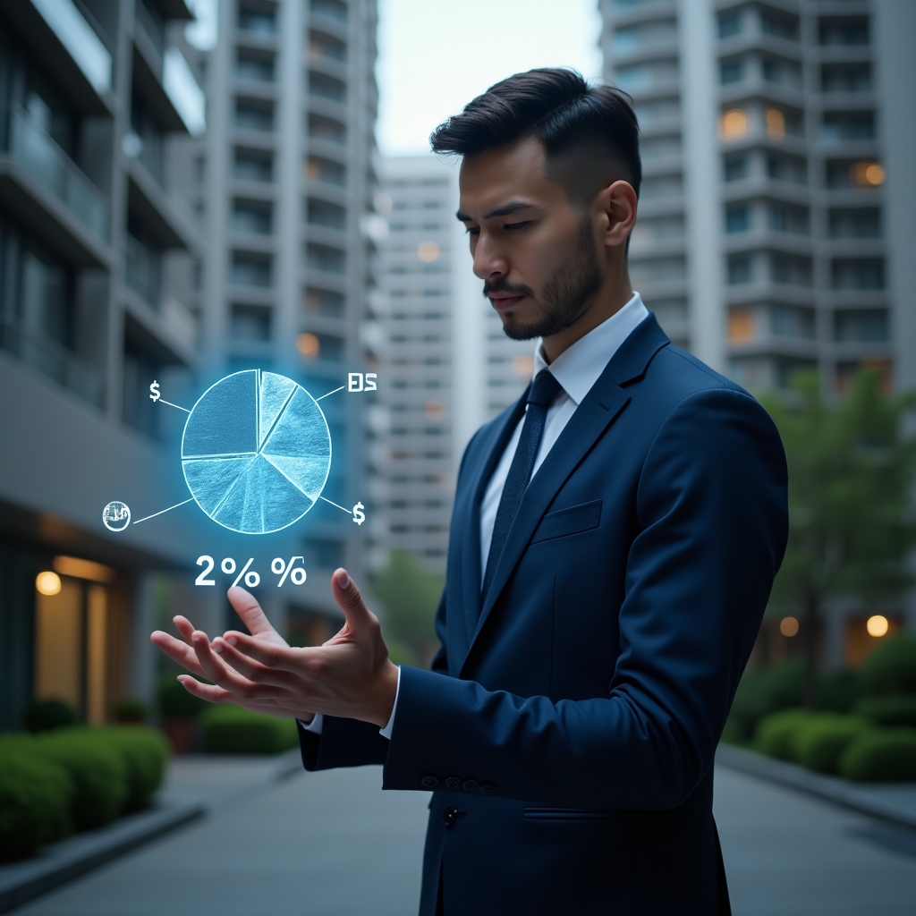 Ultra‐realistic condominium manager in a navy blue executive suit, set in a modern luxury condominium environment with high-rise buildings and green landscaping, medium shot of them holding a glowing holographic pie chart representing fraction ideal and confidently analyzing financial data, holographic icons of percentage signs and currency symbols floating beside them, cinematic lighting, shallow depth of field, highly detailed textures, realistic skin, photographic realism, 8k resolution --ar 1:1 --v 6