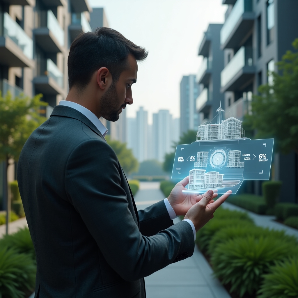 (Ultra-realistic real estate consultant in a charcoal gray suit, set in a modern luxury condominium environment with high-rise buildings and manicured green landscaping, thoughtfully examining a holographic fractional share chart of a condo unit, floating percentage icons and architectural diagrams around them, cinematic lighting, shallow depth of field, highly detailed textures, realistic skin, photographic realism, 8k resolution --ar 1:1 --v 6)