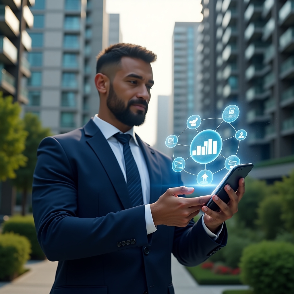 Ultra-realistic condominium manager in a navy blue tailored suit, set in a modern luxury condominium environment with high-rise buildings and lush green landscaping, medium shot analyzing a holographic smartphone interface with floating icons for financial charts, chat bubbles, calendar events and task automation, gesturing confidently as if optimizing processes, cinematic lighting, shallow depth of field, highly detailed textures, realistic skin, photographic realism, 8k resolution --ar 1:1 --v 6