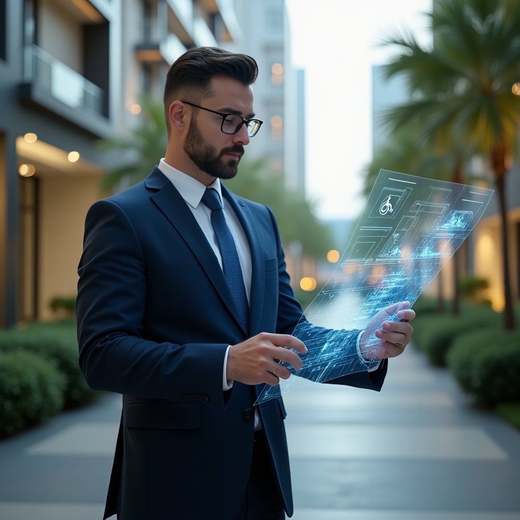(Ultra-realistic property manager in a tailored navy suit, set in a modern luxury condominium environment with high-rise buildings and lush green landscaping, examining a holographic accessibility blueprint highlighting ramps, tactile pathways, and wheelchair symbols, conveying a confident and thoughtful expression, cinematic lighting, shallow depth of field, highly detailed textures, realistic skin, photographic realism, 8k resolution --ar 1:1 --v 6)
