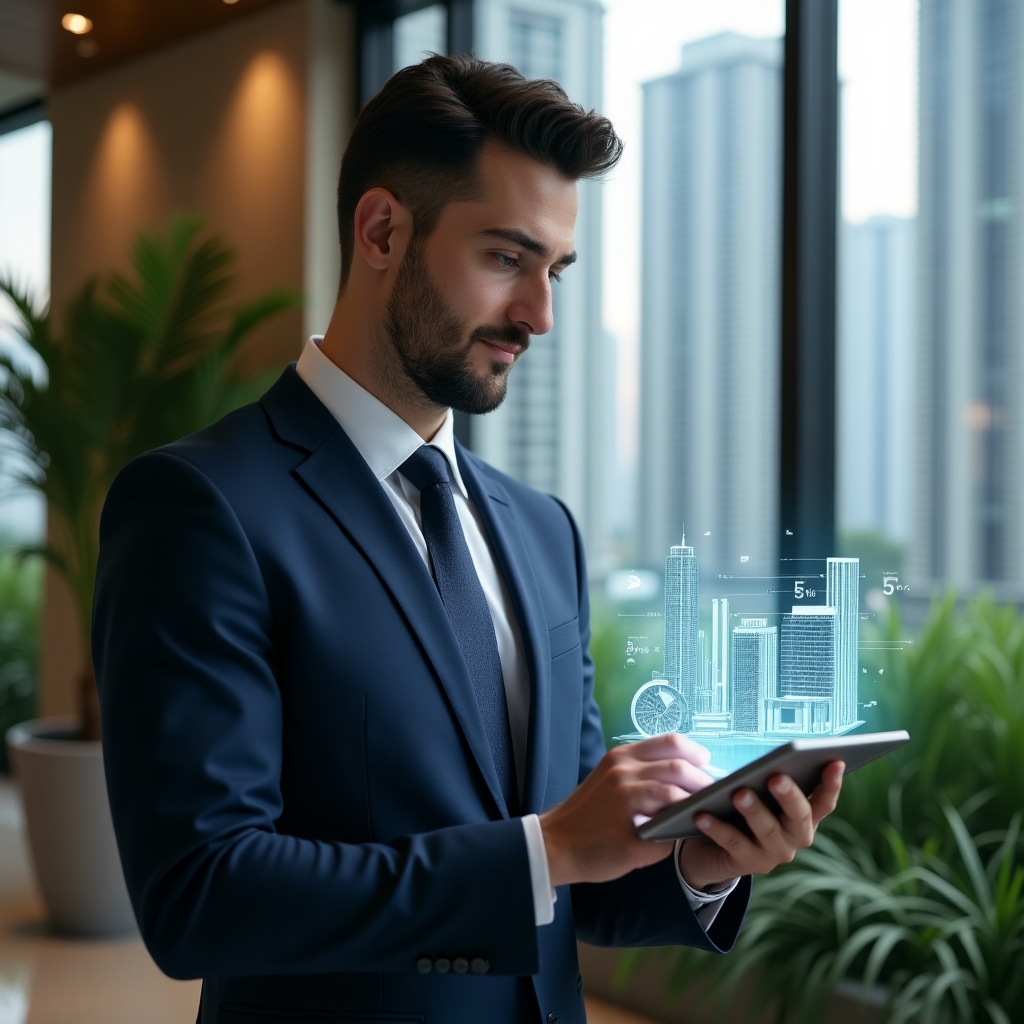 Ultra-realistic property manager in a tailored navy suit, set in a modern luxury condominium environment with high-rise buildings and lush green landscaping, standing in a sleek lobby reviewing a digital tablet displaying condo management dashboards, holographic icons of analytics charts and building blueprints floating beside them, confident and focused expression, cinematic lighting, shallow depth of field, highly detailed textures, realistic skin, photographic realism, 8k resolution --ar 1:1 --v 6